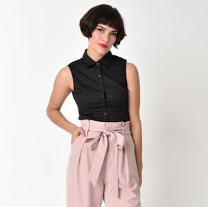 Unique Vintage Black Sleeveless Collared Top